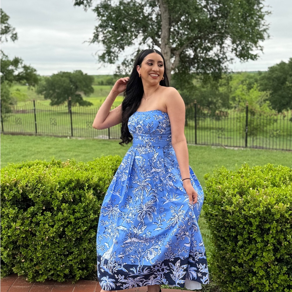 Lilly Pulitzer Blue Floral Strapless Midi Dress